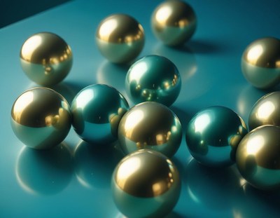 Shiny gold and blue spheres on a teal surface