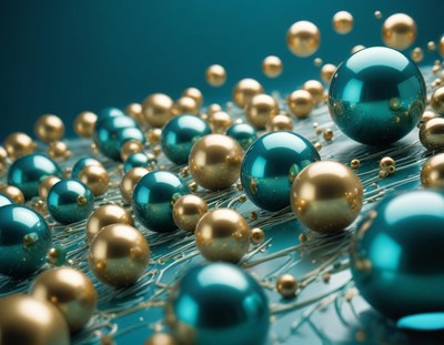 Teal and gold spheres float on a blue surface