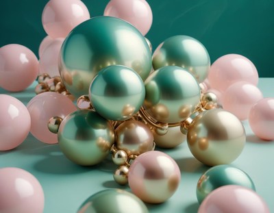 Pink and green spheres rest on a teal surface