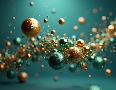 Golden and green spheres float against a teal backdrop
