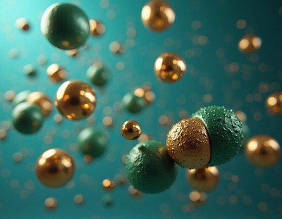 Green and gold spheres float in a blue space