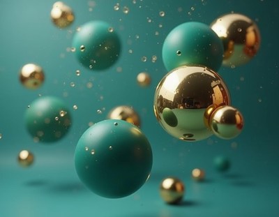 Golden and teal spheres float in mid-air