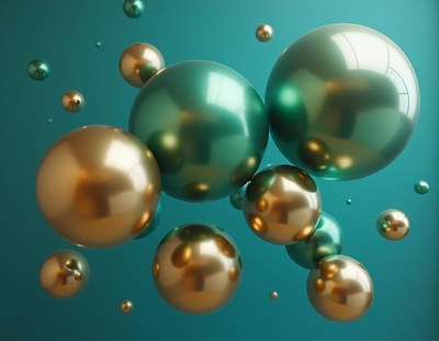 Metallic spheres float against a teal backdrop