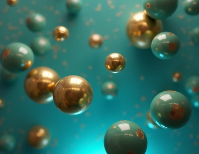 Gold and teal spheres float against a blue background