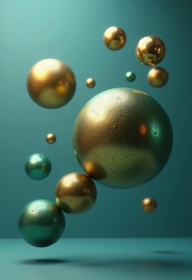 Golden and teal spheres float in a teal studio