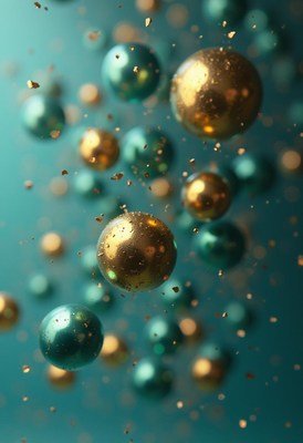 Golden and teal spheres float in the air