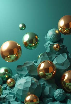 Golden and green spheres fall onto a pile of teal rocks
