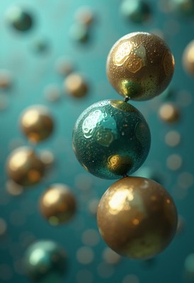 A green sphere is suspended between two gold spheres