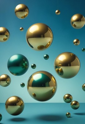 Golden and green spheres float against a blue background