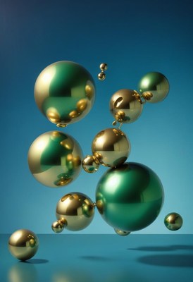 Green and gold spheres float against a blue background