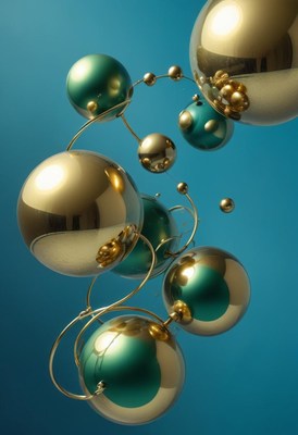 Shiny gold and green spheres hang from a wire sculpture