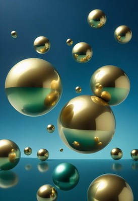 Golden spheres float against a blue background