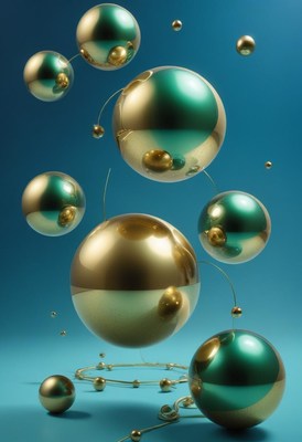 Gold and green spheres float in a blue studio