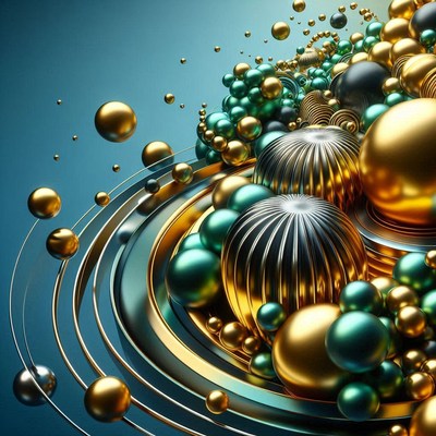 Golden and green spheres float around a silver ring