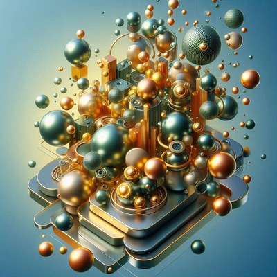 A 3d rendering of gold and blue spheres on a platform