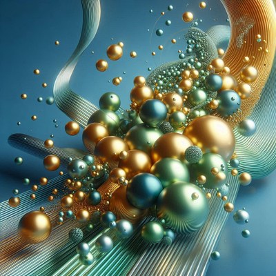 Gold and green spheres on a blue surface