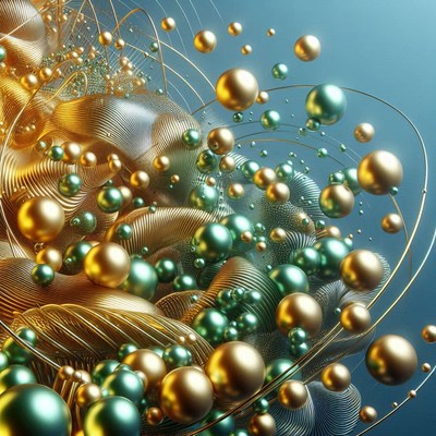 Golden and green spheres float in a swirling pattern