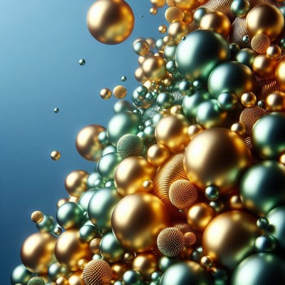 Golden and green spheres float in a blue background
