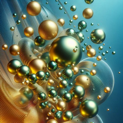 Gold and green spheres float in a blue background