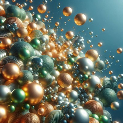 Gold, silver, and green spheres float in the air