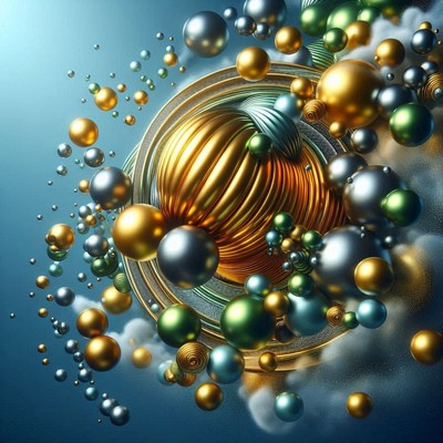 Metallic spheres swirl around a blue background