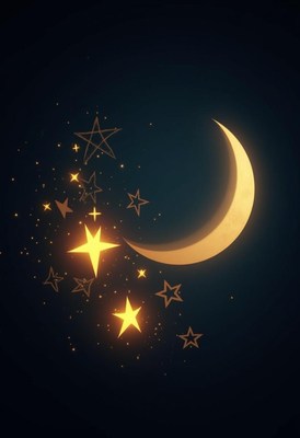 A crescent moon is depicted in a night sky, glowing brightly