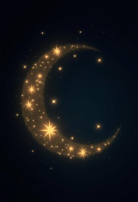 A crescent moon shines brightly in the night sky
