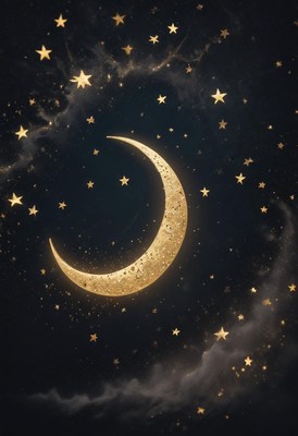 A crescent moon shines brightly in the night sky