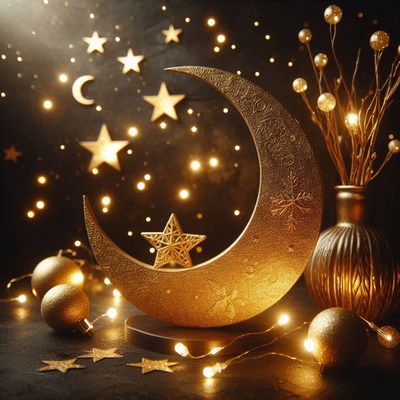 A golden crescent moon with a star sits on a dark surface