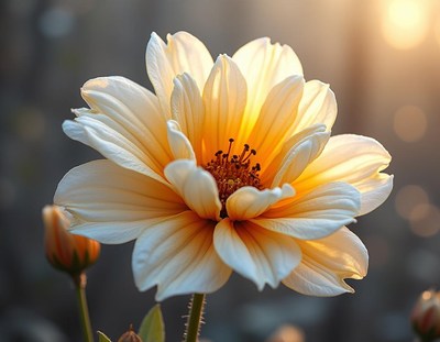 A delicate white flower blooms in the golden afternoon light