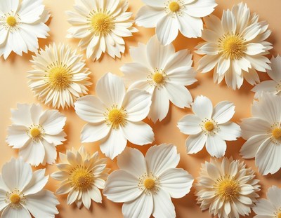 White paper flowers arranged on a light orange background