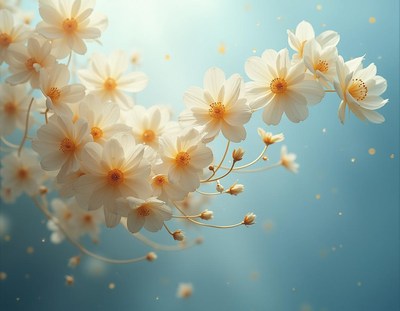 White flowers bloom against a blue sky