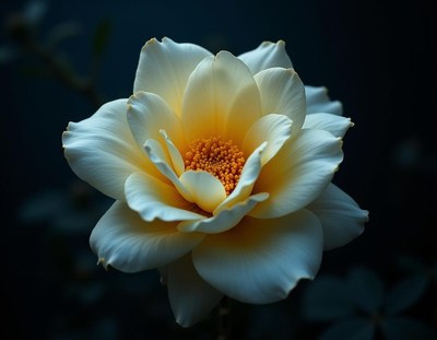 A delicate white rose blooms against a dark background