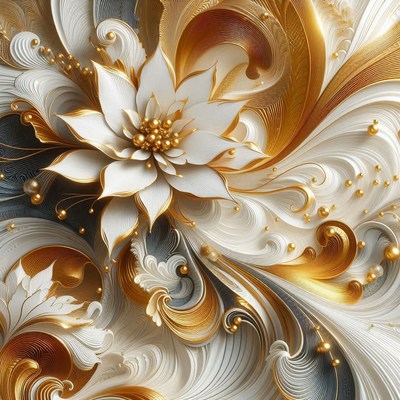 White flower with gold accents among golden swirls