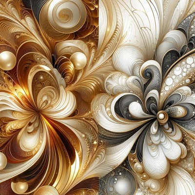 An abstract floral design in gold, white, and black