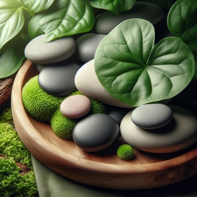 Smooth stones and green leaves create a serene scene
