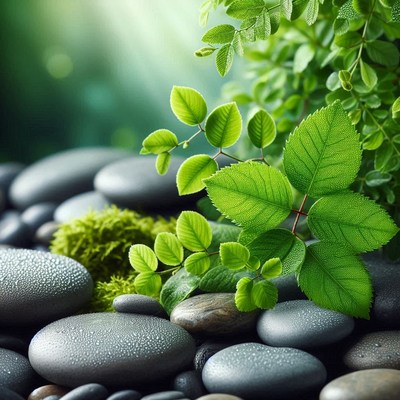 Green leaves and smooth stones covered in dew