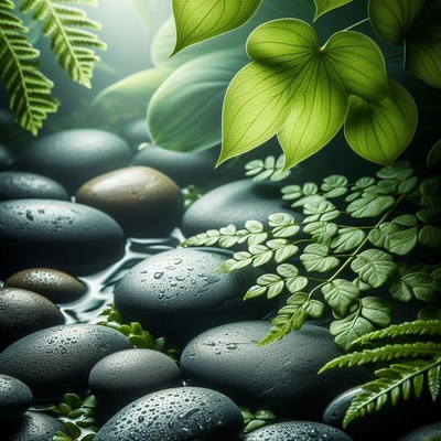 Wet stones surrounded by ferns and leaves