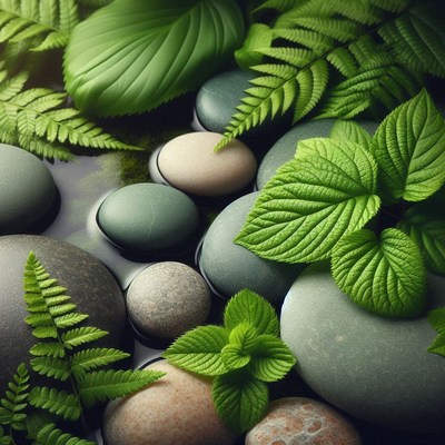 Leaves and stones lie in a shallow water pool