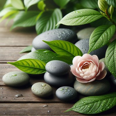 Smooth stones and a delicate flower rest on a wooden surface