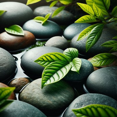 Green leaves on smooth stones by calm water
