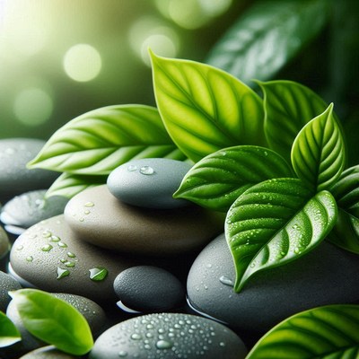 Green leaves and smooth stones after a rain shower