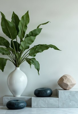 A white vase with green leafy plant sits on a marble shelf