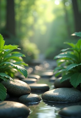 Smooth stones line a creek in a forest