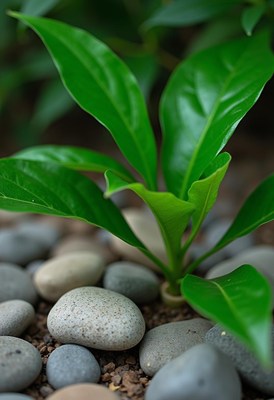 A green plant grows among smooth stones