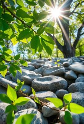 A bright sun shines through tree leaves onto gray rocks