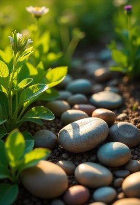 A small flower blooms beside a stone pathway
