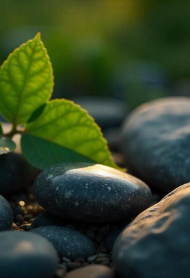 A green leaf rests on smooth stones in the sunlight