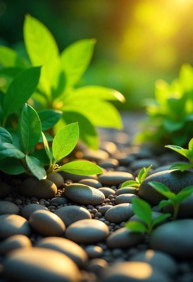 Green leaves grow between smooth stones in the sunlight