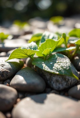 Green leaves with droplets on grey stones in sunlight